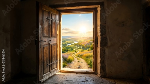 Golden framed window overlooking serene countryside view.