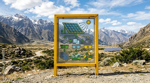 Golden framed mirror reflecting mountain landscape.