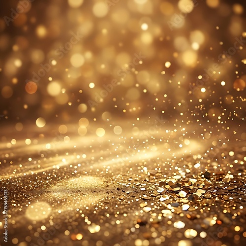 Golden glittery particles sparkling in dark water.