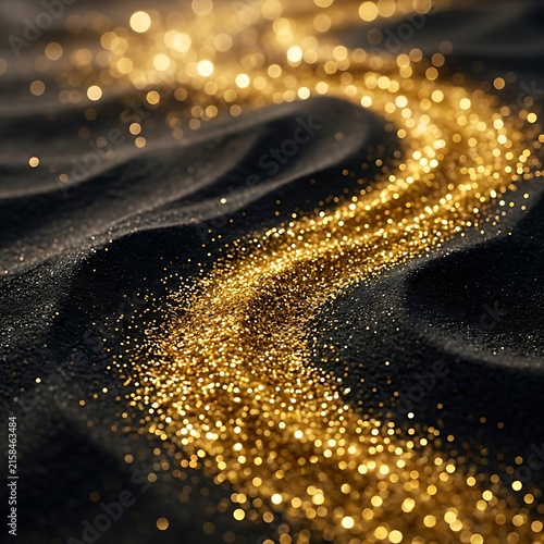 Golden glittery liquid flowing in dark water.