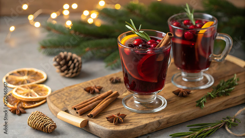 Two Glasses of Hot Mulled Wine with Cranberries, Orange Slices, and Cinnamon Sticks on Wooden Board with Festive Christmas Background