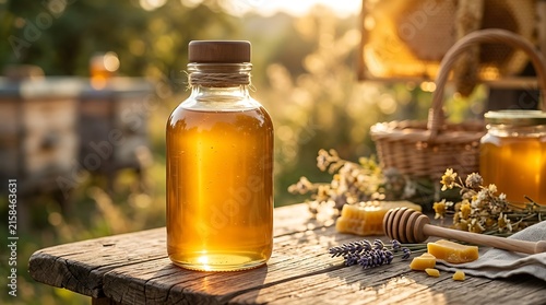 Golden honey drizzled over fresh herbs and spices.