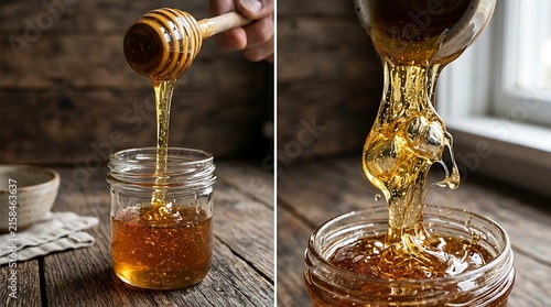 Golden honey dripping from wooden honey dipper into jar.
