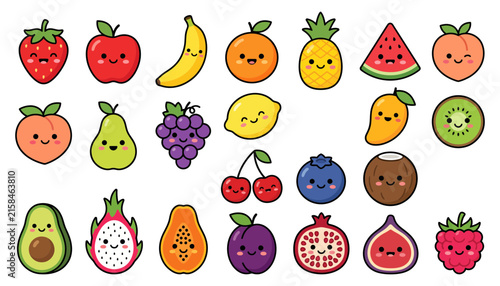Set of cute cartoon fruits with happy faces isolated on a white background for kids design