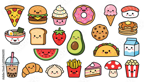 Set of cute kawaii food illustrations featuring various snacks and meals with happy smiling faces on white background