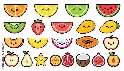 Set of cute cartoon fruit characters with happy faces isolated on a white background for design projects