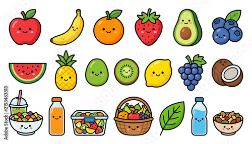 Set of cute cartoon fruits and healthy food items with happy faces isolated on white background