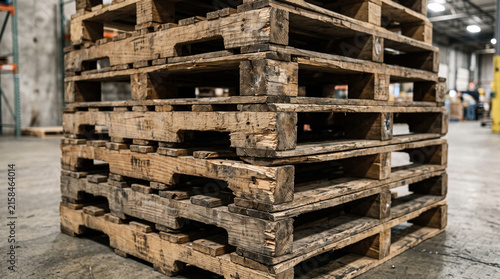 Close-up of a stacked pile of worn and damaged wooden pallets in an industrial warehouse, showing old textures, rough wood and an untreated minimalist structure