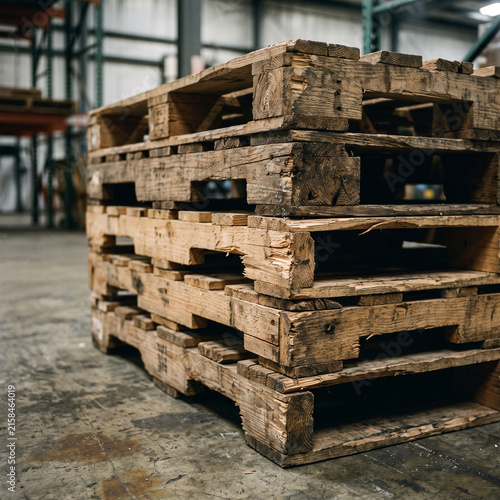 Close-up of a stacked pile of worn and damaged wooden pallets in an industrial warehouse, showing old textures, rough wood and an untreated minimalist structure
