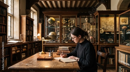Young woman writing and researching at antique wooden library desk inside historic museum study room, focused academic reading and archival research atmosphere