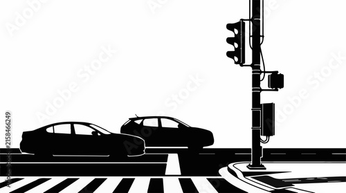 Minimalist black silhouette featuring vehicles waiting at a pedestrian crosswalk near a traffic light signal with stopped street intersection