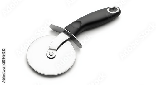 Commercial pizza cutter wheel isolated on white, stainless steel kitchen food slicer tool with black handle, pizza cutter close up concept