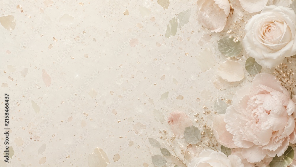 Fototapeta premium Peonies and Roses on Textured Cream Background with Copy Space