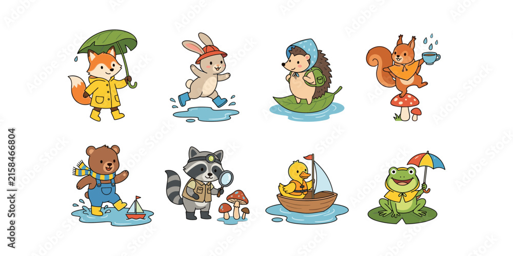 Obraz premium Cute Rainy Day Animals Vector Set with Fox Rabbit Hedgehog Squirrel Bear Raccoon Duck and Frog Illustrations