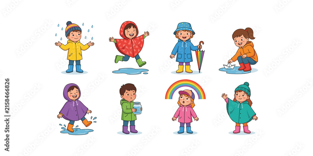 Fototapeta premium Cute Children in Colorful Raincoats and Boots Enjoying Rainy Weather Outdoor Illustration