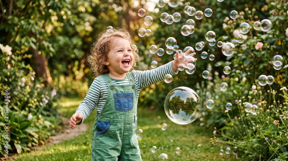 Fototapeta premium Happy toddler running through garden reaching for floating soap bubbles in sunlit lawn wearing green overalls, playful outdoor summer moment full of joyful motion.
