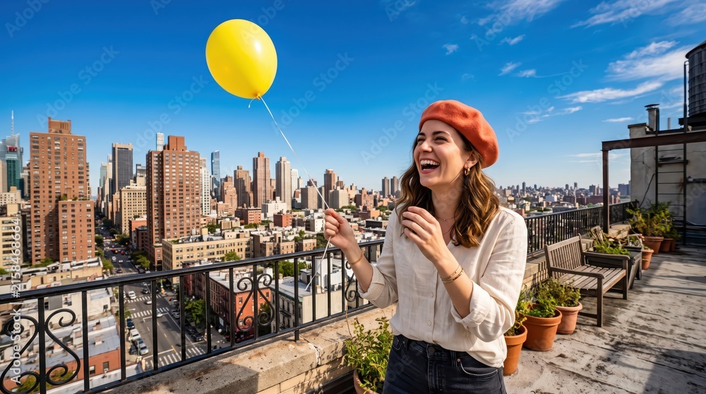 Fototapeta premium Young woman on urban rooftop terrace holding yellow balloon and laughing with city skyline backdrop on sunny daytime, casual lifestyle and joyful moment.