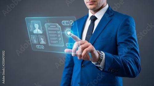 Businessman interacting with digital interface for human resources, recruitment, talent acquisition, and performance management concept