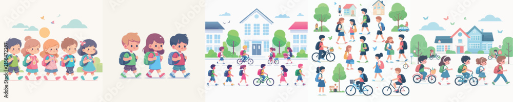 Fototapeta premium Children walking to school in a vibrant suburban neighborhood illustration