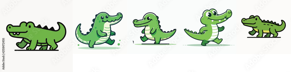 Fototapeta premium Cute Green Cartoon Crocodiles Walking in a Sequence
