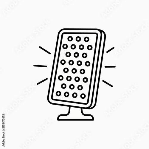 Hand-drawn red light therapy panel emitting healing rays for skin rejuvenation and pain relief