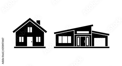 Two house silhouettes depict different architectural styles on a white background architecture