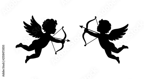 Two cherub silhouettes with bows and arrows against a white background depict classical mythology