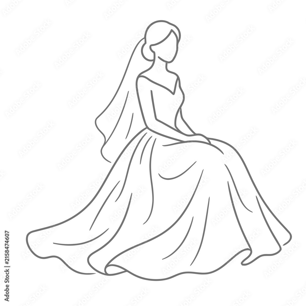 Fototapeta premium Bride in Wedding Dress with Veil Line Art