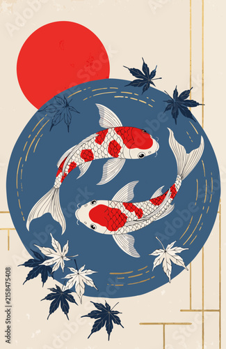Japanese Woodblock Style Koi Fish swimming in Circle with Red Sun and Maple Leaves