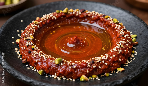 Harissa dip shaped into a circular crater on a black stone plate, olive oil pooled in the center like a glossy red-orange lake, toasted sesame and crushed pistachios scattered around the rim