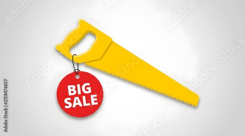 A yellow handsaw with a red big sale tag hanging from its handle
