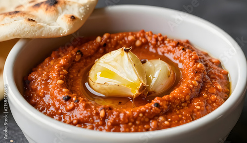Harissa dip topped with roasted garlic confit, glossy red-orange dip in a shallow ceramic dish, soft golden garlic cloves nestled into the surface, olive oil pooling around the edges, toasted pita