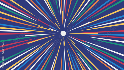 Dynamic colorful rays bursting out from a central white circle on a dark blue background creating a zoom effect.