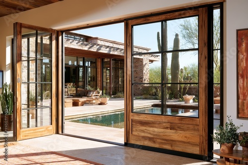 A modern desert patio with shallow reflecting pool, saguaro silhouettes, clean architecture.