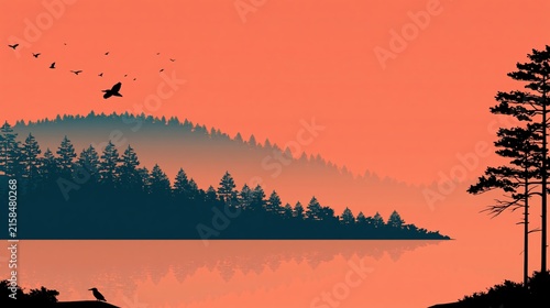 Silhouetted pine forest reflects on tranquil water under a vibrant sky.
