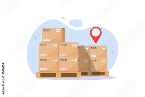 vector illustration of Stacked Shipping Boxes On Pallets With Location Pin Illustrating Warehouse Logistics And Parcel Delivery