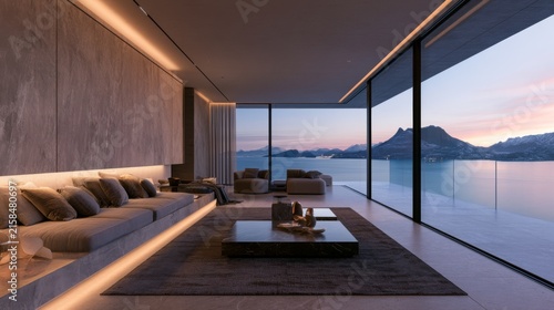 Modern luxury living room with expansive ocean view, designer furniture, evening ambiance, and contemporary architecture in serene coastal setting