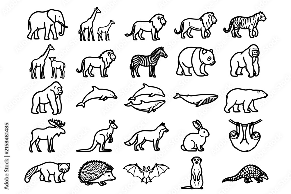 Naklejka premium A collection of hand-drawn animal illustrations, showcasing a diverse range of creatures from majestic elephants and lions to playful dolphins and rabbits, all rendered in a charming.