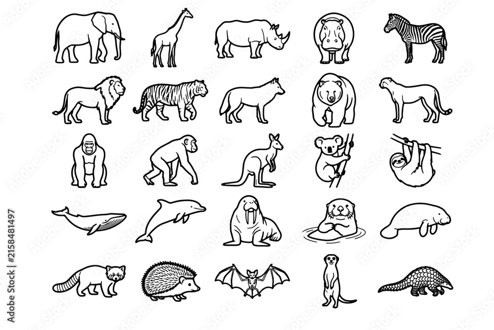 Naklejka premium A collection of hand-drawn illustrations depicts a variety of wild animals, showcasing their distinct shapes and features in a simple, yet informative style.