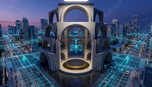 Futuristic smart city architecture with monumental concrete arches empty product display podium and glowing cyan digital network grid at dusk concept