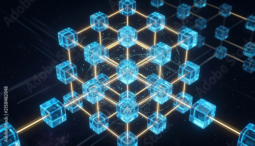 Futuristic blockchain technology concept with glowing blue crystal cubes interconnected by golden digital grid network on dark cyber background