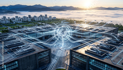 Futuristic smart city data center hub campus with glowing fiber optic network lines and automated drone connectivity sunrise landscape concept
