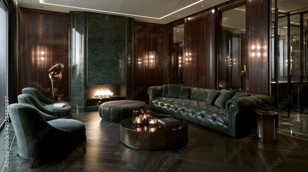 Obraz premium Luxurious dark living room with elegant furniture, rich textures, and modern design elements for sophisticated interior inspiration and captivating ambiance