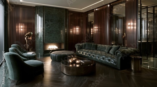Luxurious dark living room with elegant furniture, rich textures, and modern design elements for sophisticated interior inspiration and captivating ambiance