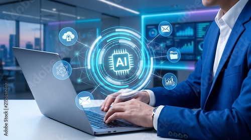 Businessman working on laptop with ai holographic interface and digital icons