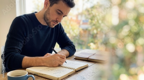 A contemplative young man engaged in mindful journaling at a sunlit wooden desk with a warm cup of coffee