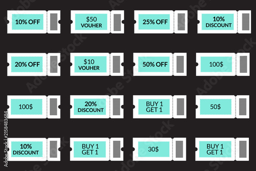 Discount coupon and gift voucher ticket set with barcode for retail sale, promotion, and shopping offer.