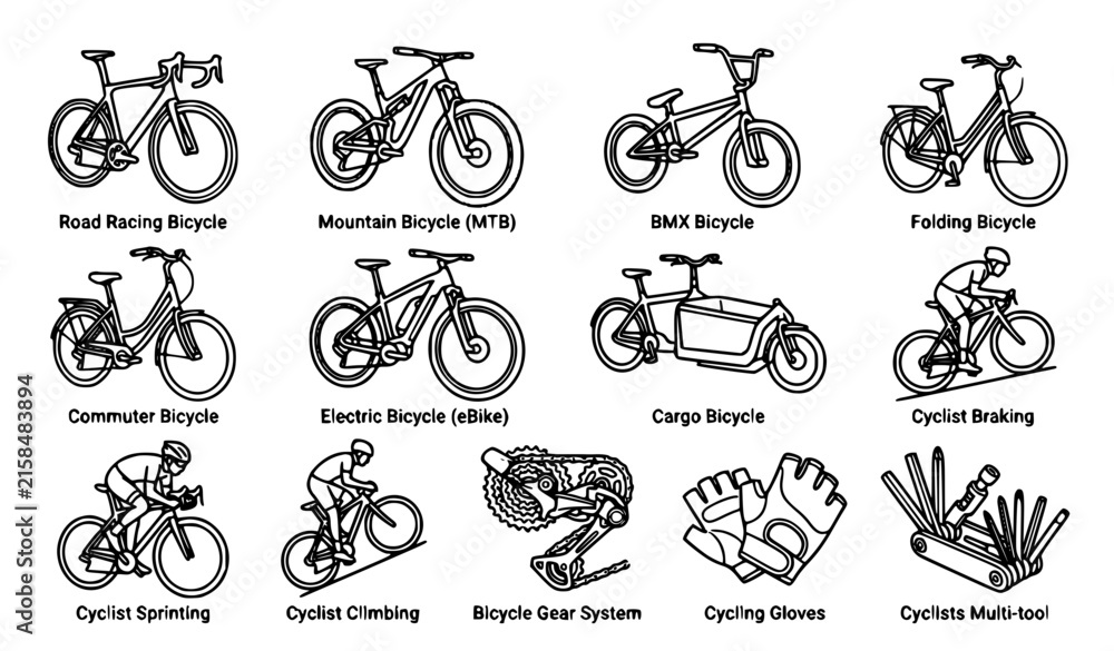 Fototapeta premium Bicycle Types and Cycling Equipment Icon Set with Road Racing, Mountain, Electric, Cargo, and Folding Bikes for Sport and Transportation Graphic Designs