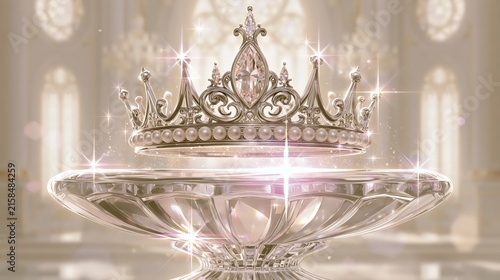 Ornate crown rests upon a pedestal within a grand hall.