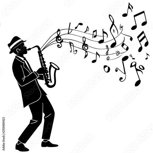 Canvas Print Silhouette musician plays saxophone with musical notes and staves, jazz performance and celebration, black and white vector illustration for entertainment and design